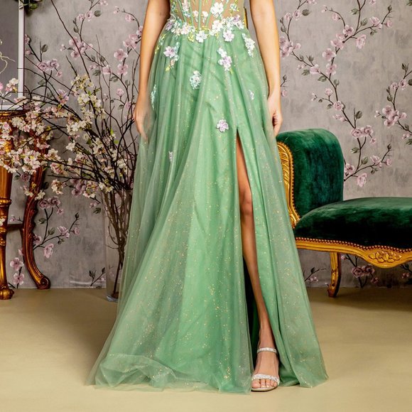 NEW LONG A-LINE SLEEVELESS OFF SHOULDER FLORAL DRESS WITH LACE UP BACK GL3227 - Picture 7 of 12